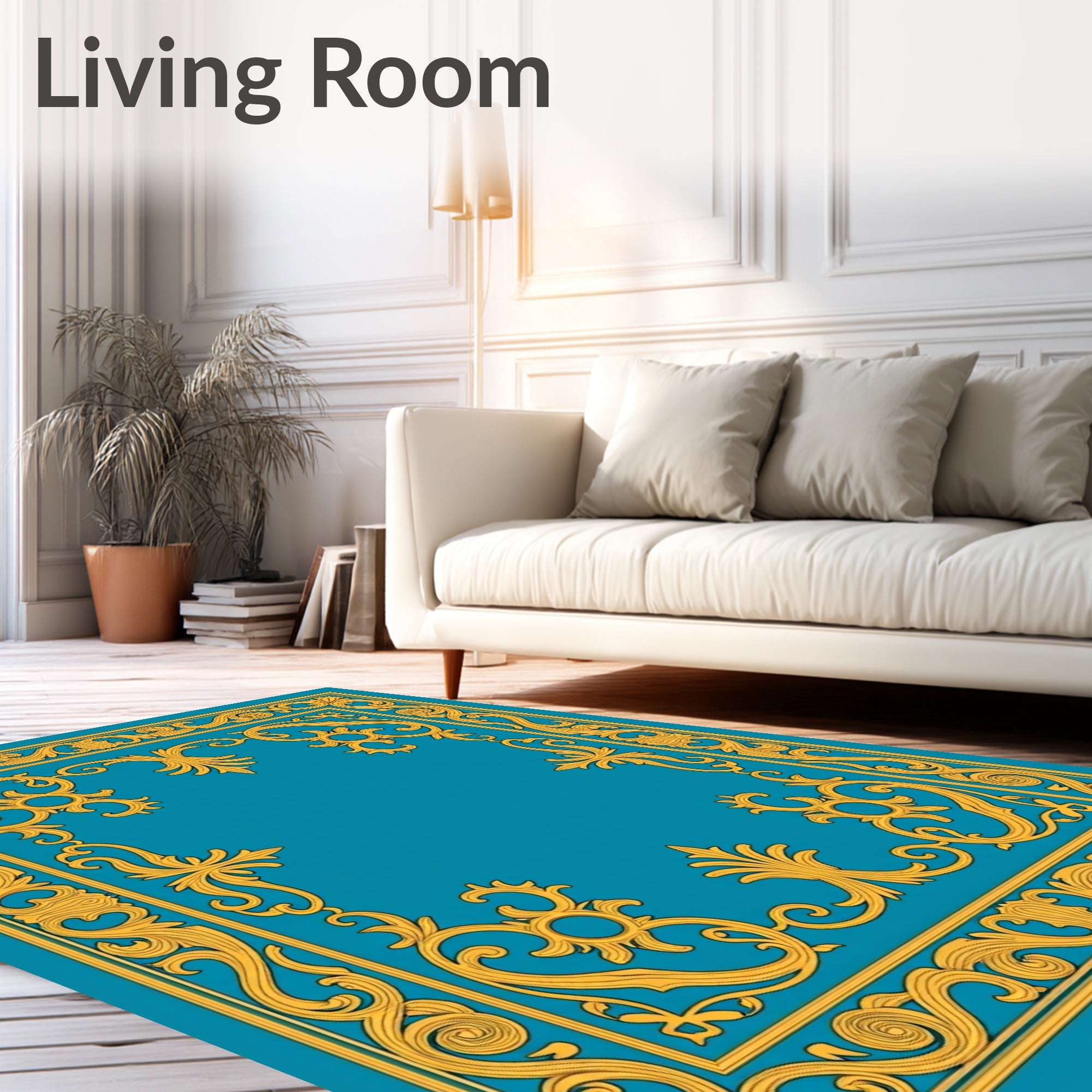 Gold Ornate Border Teal Rug