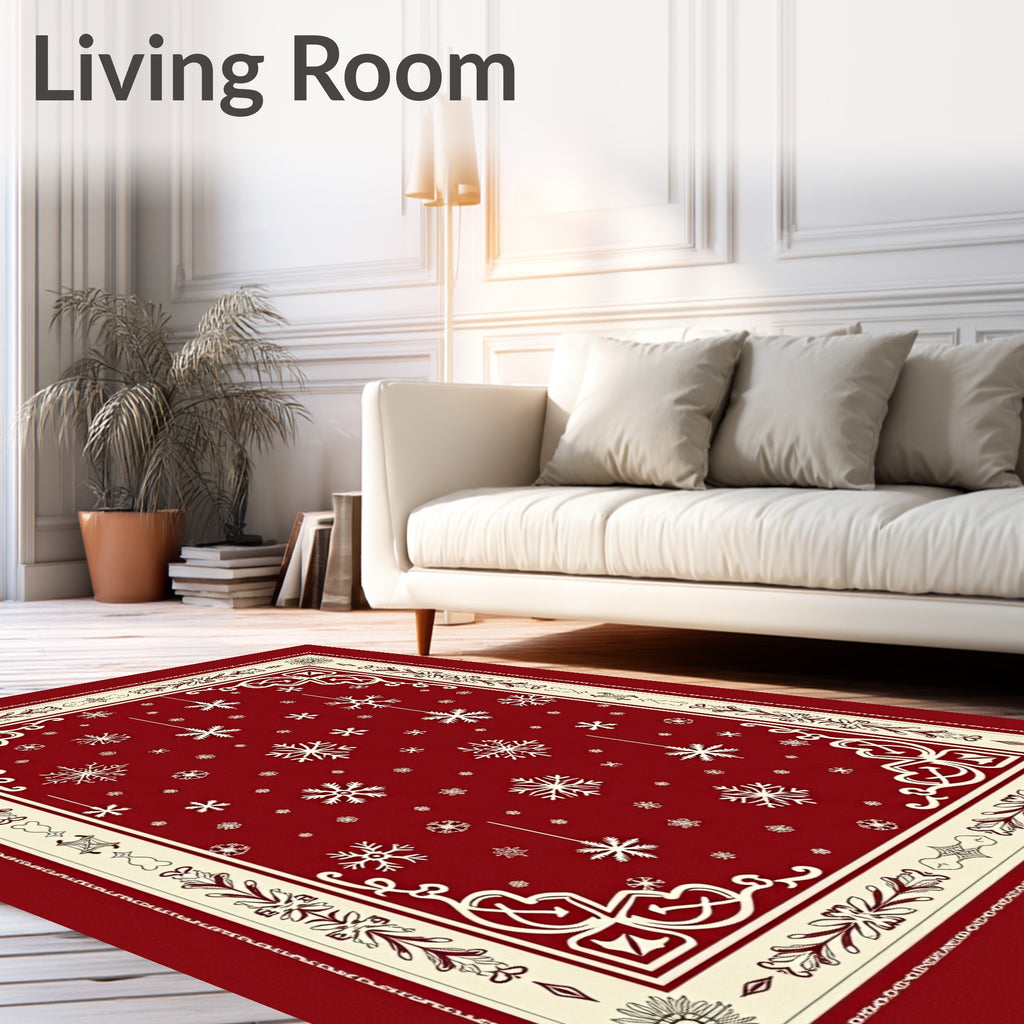 Crimson Snowflake Winter Border Rug