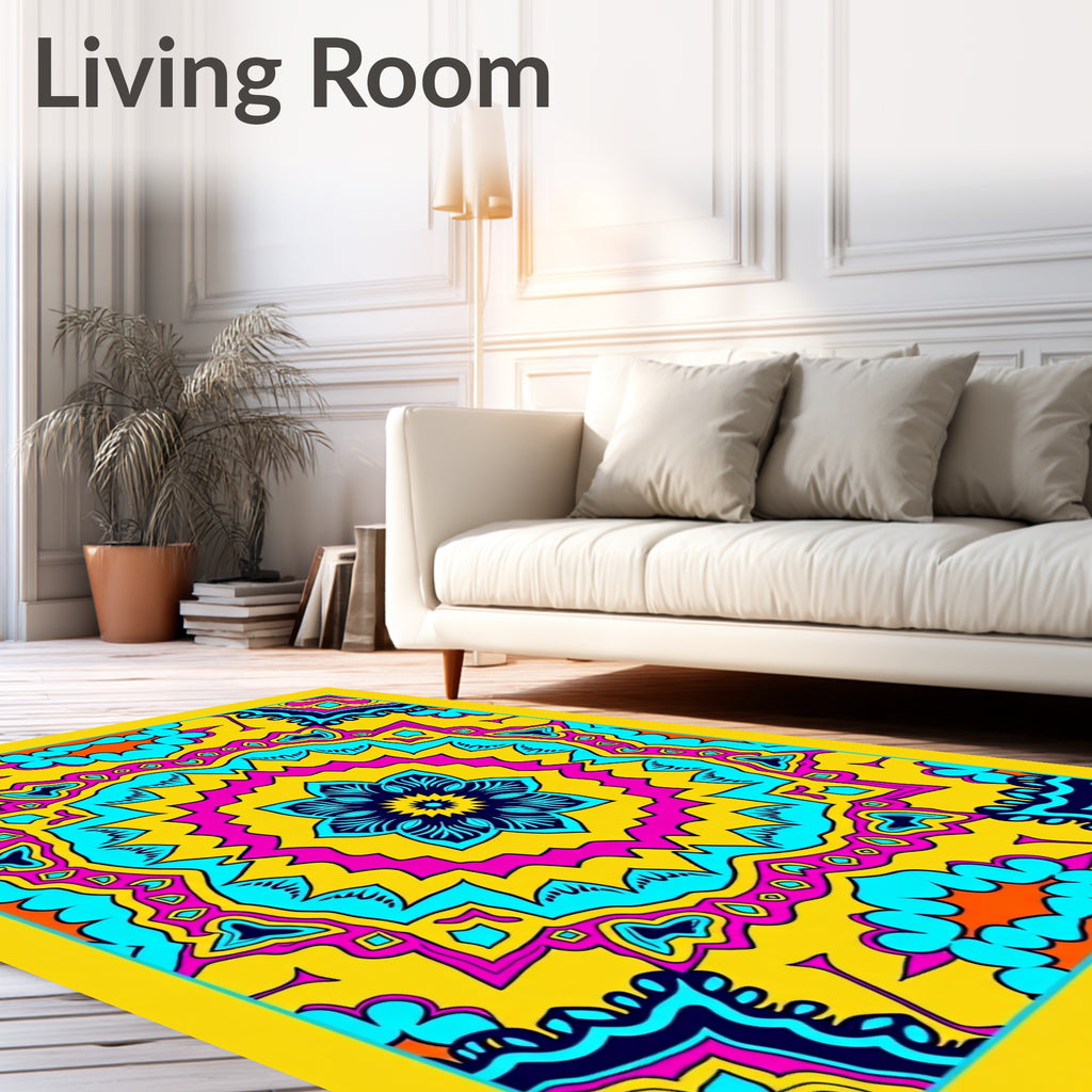 Vibrant Yellow Pink Blue Floral Mandala Rug