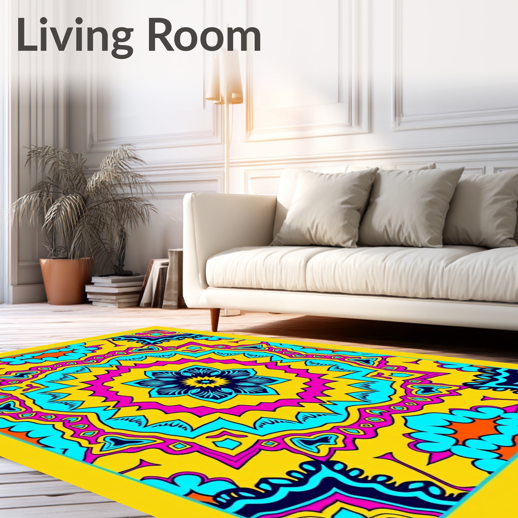 Vibrant Yellow Pink Blue Floral Mandala Rug