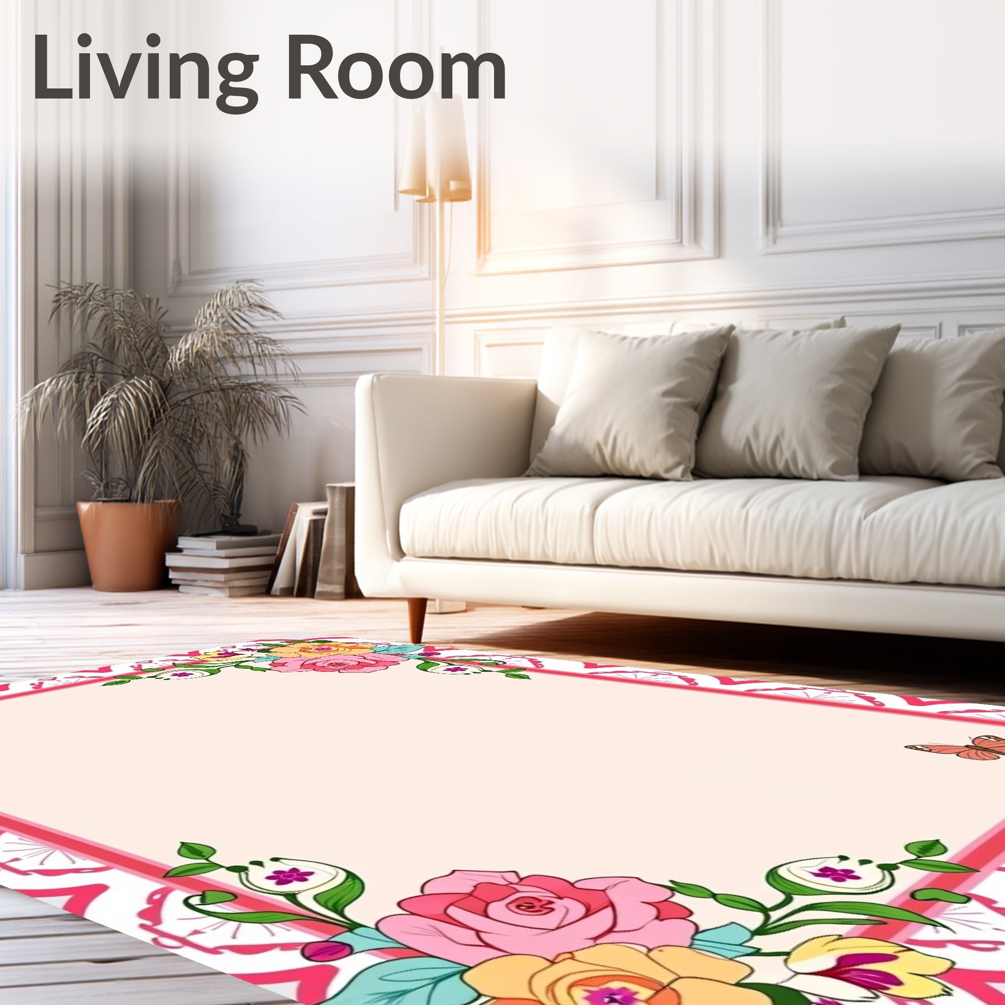 Pink Floral Butterfly Accent Border Rug