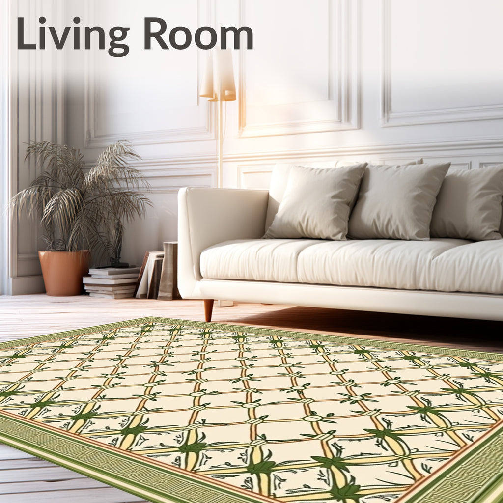 Antique Cream Green Lattice Vine Rug