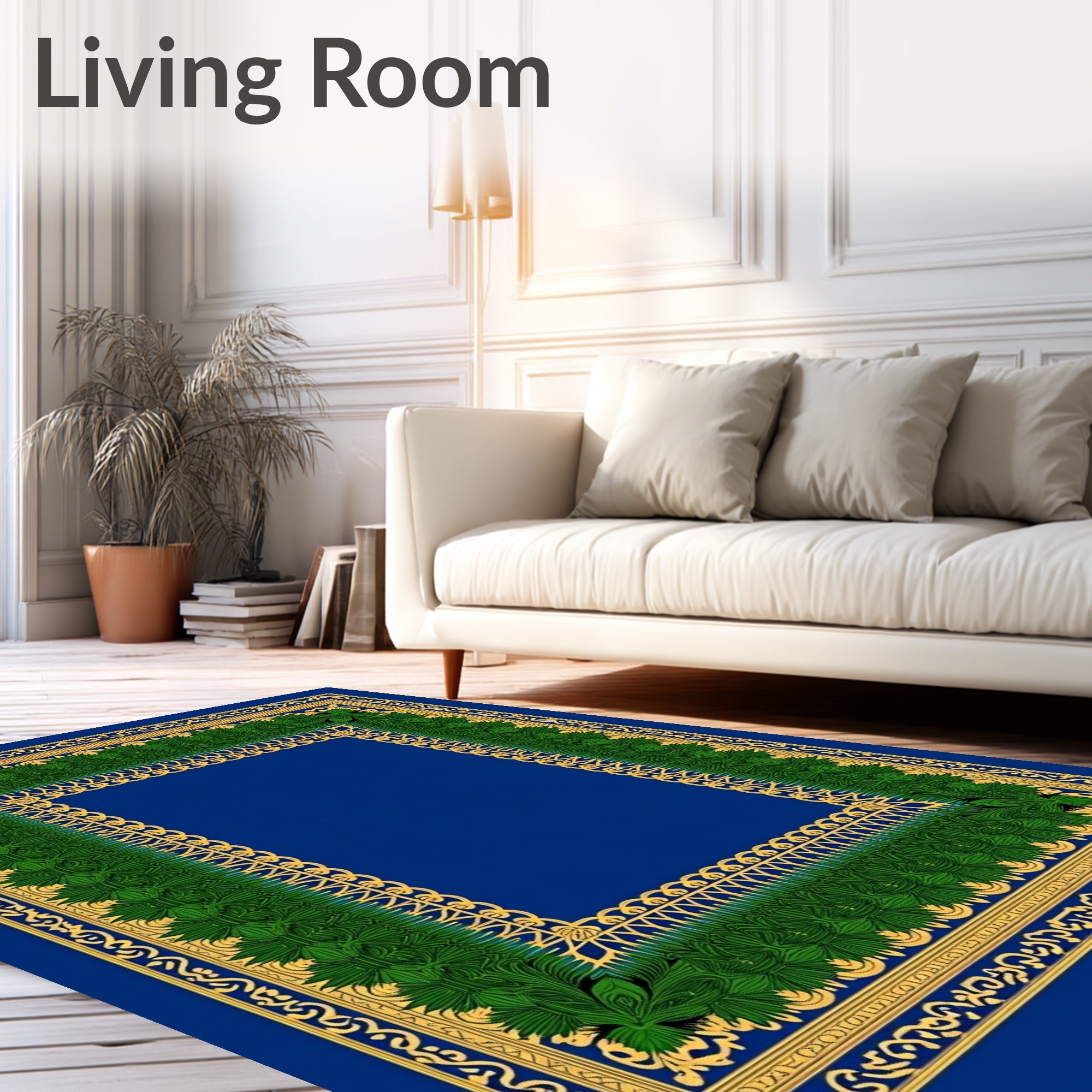 Ornate Green and Gold Floral Border Rug