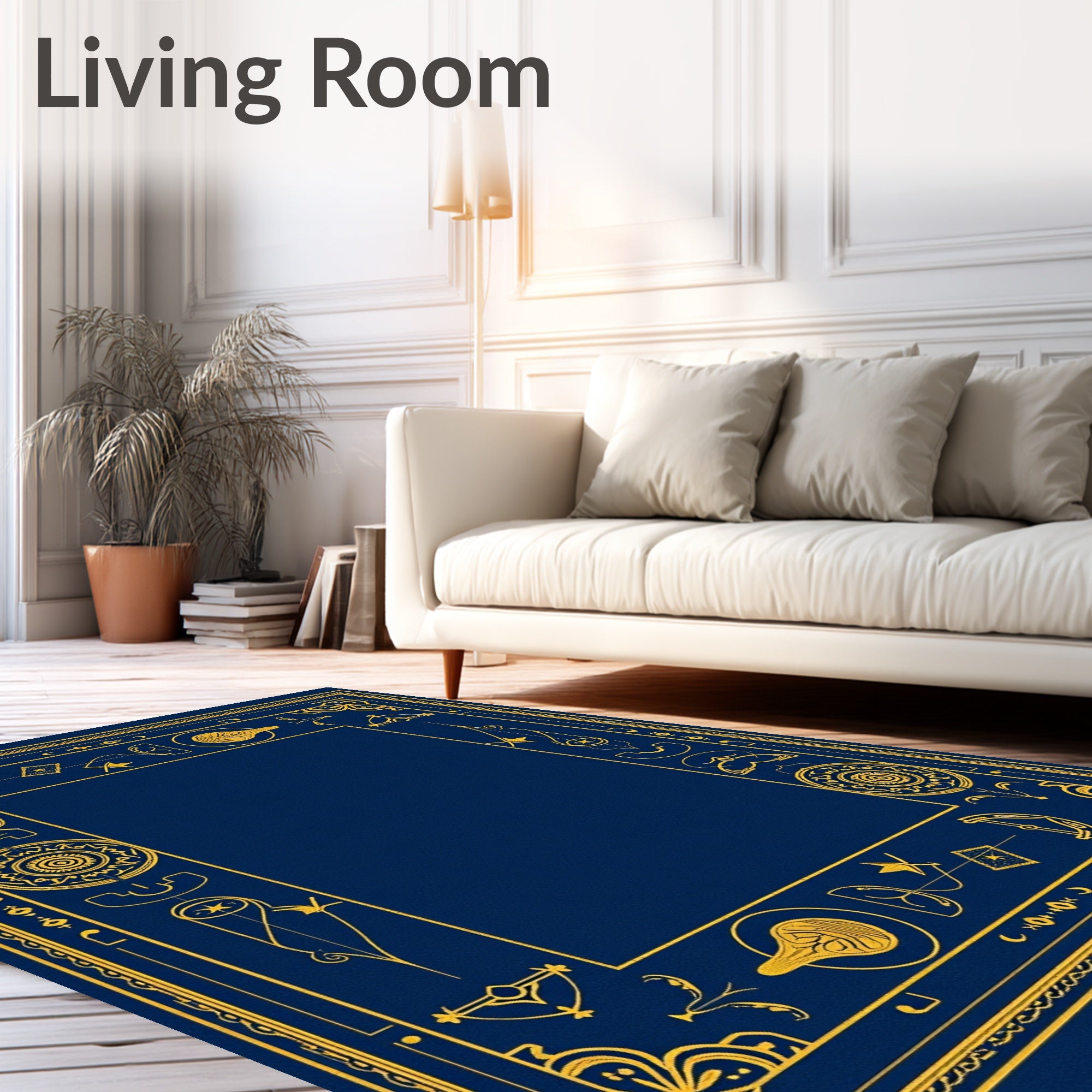 Golden Mystic Symbols Blue Border Rug