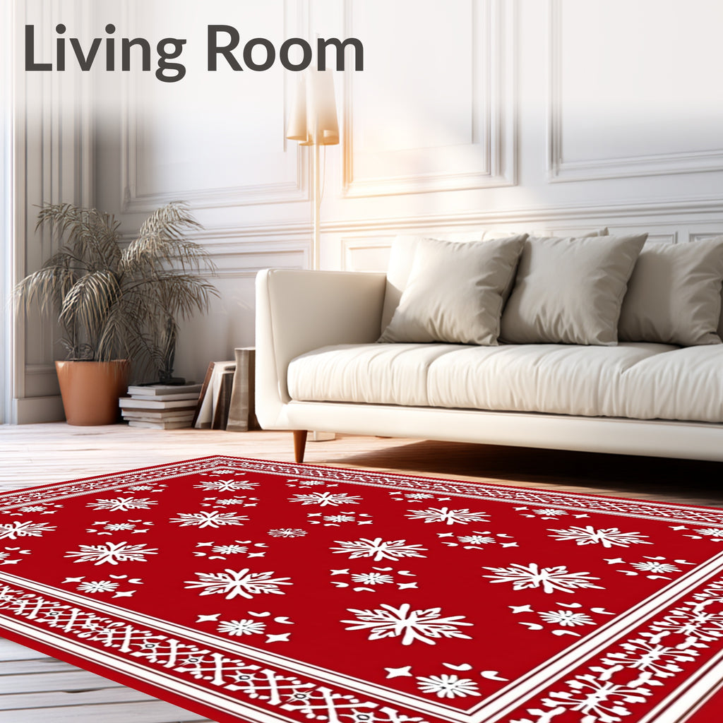 Festive Red White Snowflake Border Rug