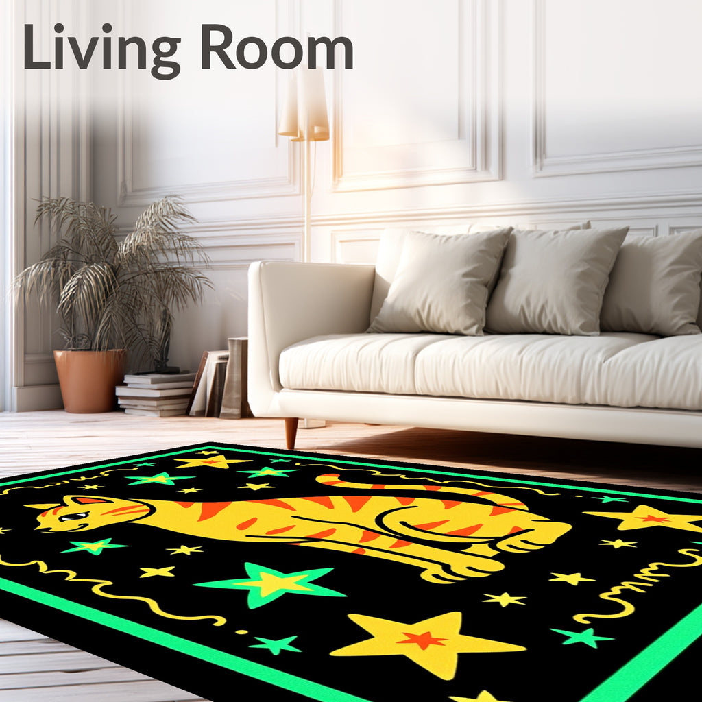 Yellow Tabby Cat Stars Border Rug