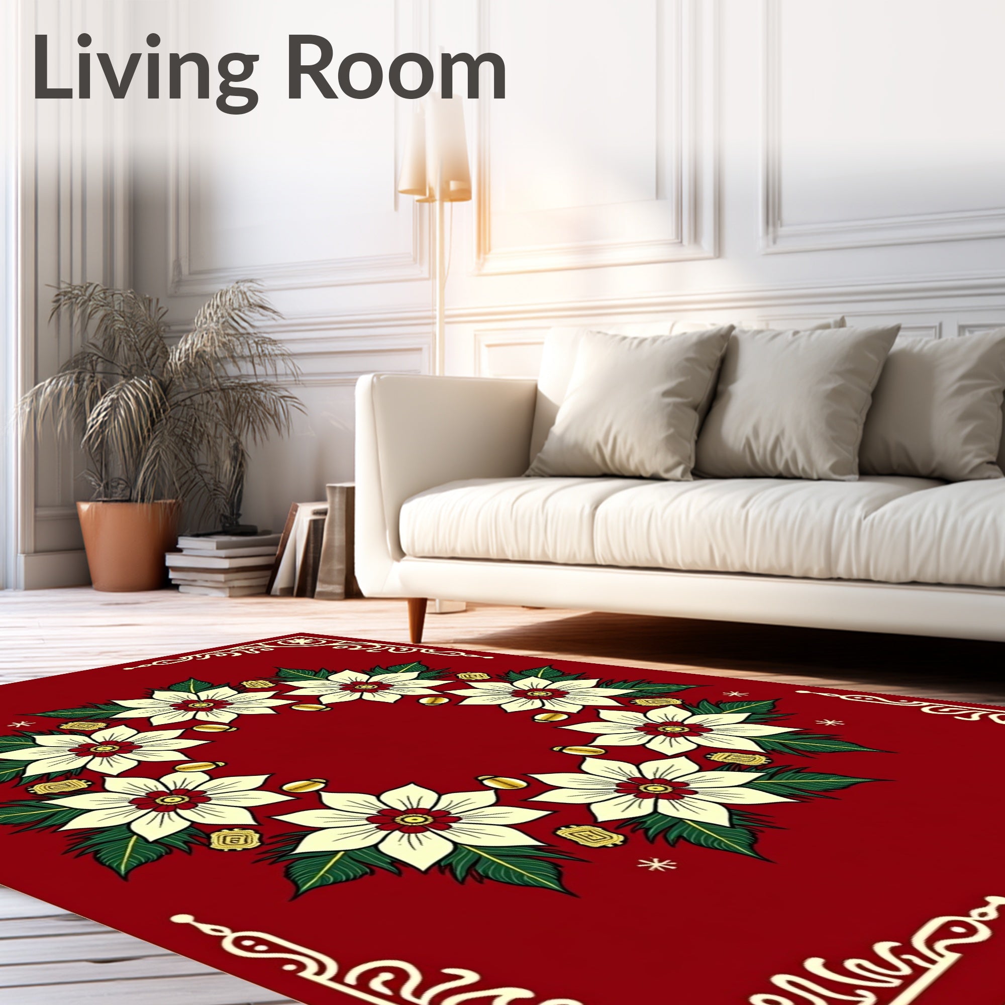 Cream Poinsettia Wreath Red Border Rug