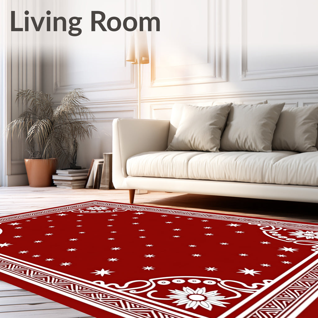 Deep Red Starburst Floral Border Rug