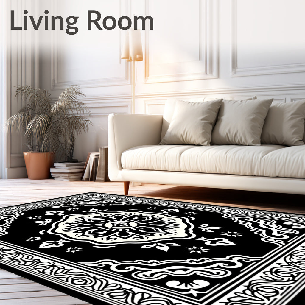 Classic Black White Medallion Border Rug