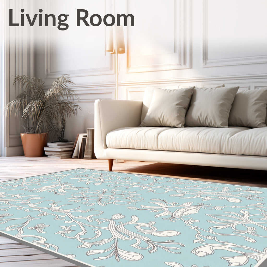 Light Blue White Floral Arabesque Swirl Rug