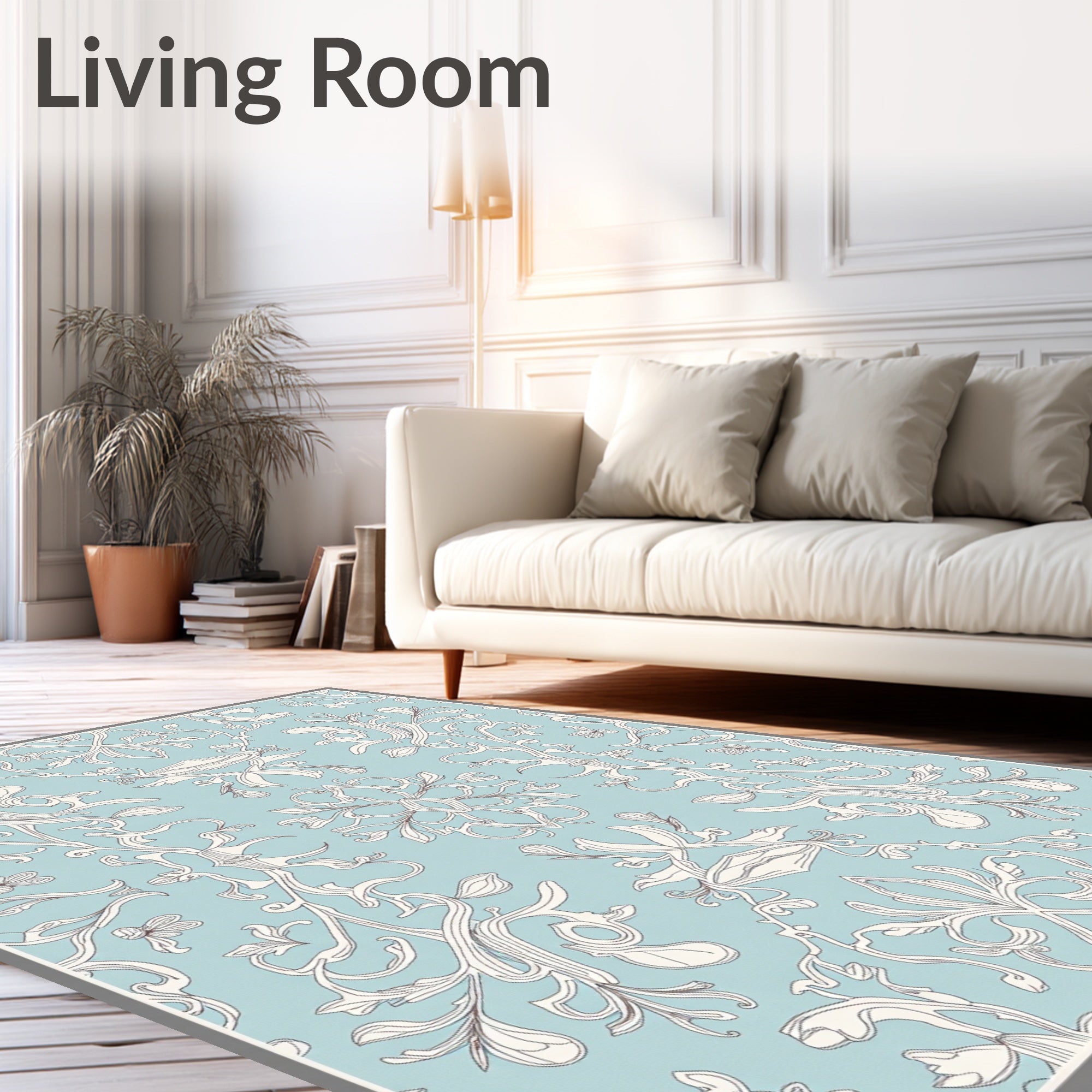 Light Blue White Floral Arabesque Swirl Rug