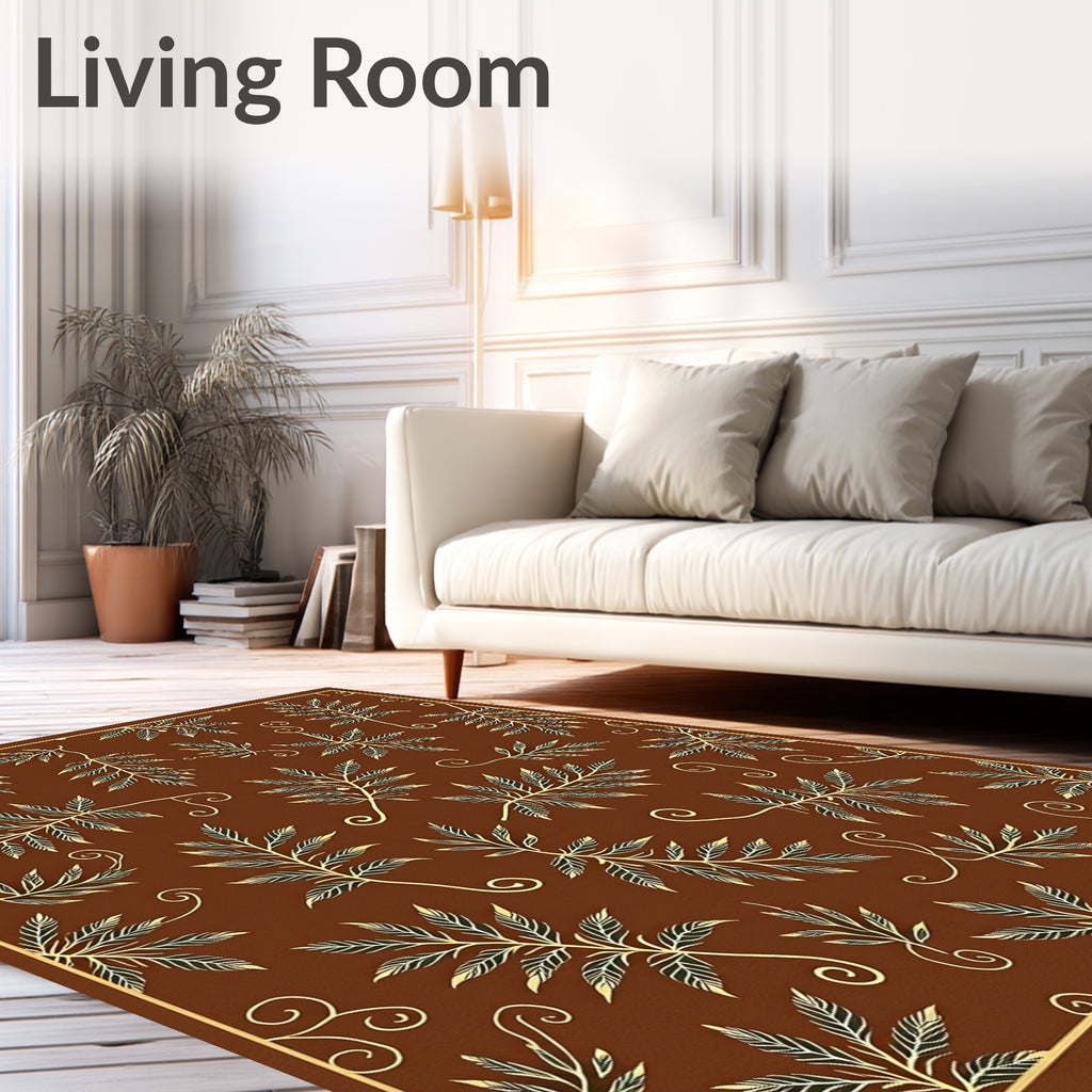 Brown Cream Leaf Branch Swirls Rug