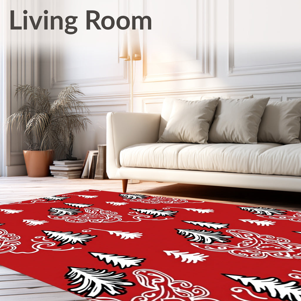 Red White Evergreen Forest Illustration Rug