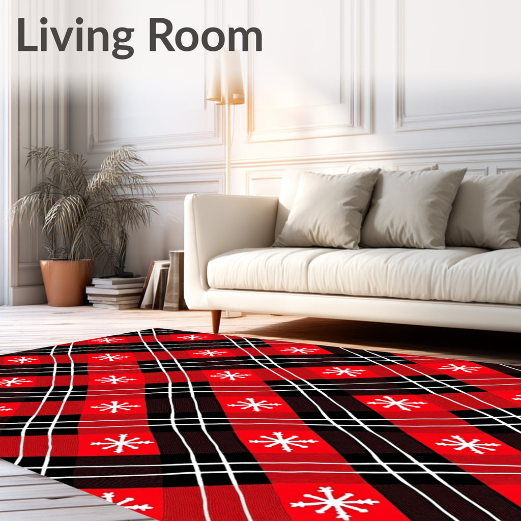 Red Black White Plaid Snowflake Rug