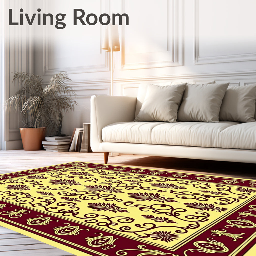 Deep Red Floral Damask Ivory Lattice Rug