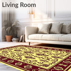 Deep Red Floral Damask Ivory Lattice Rug