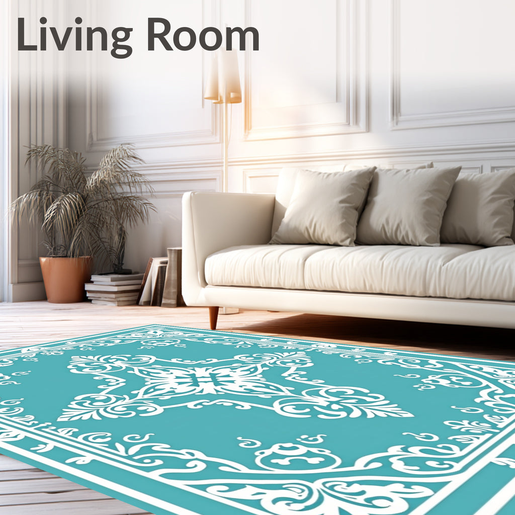Elegant White Teal Medallion Scroll Rug