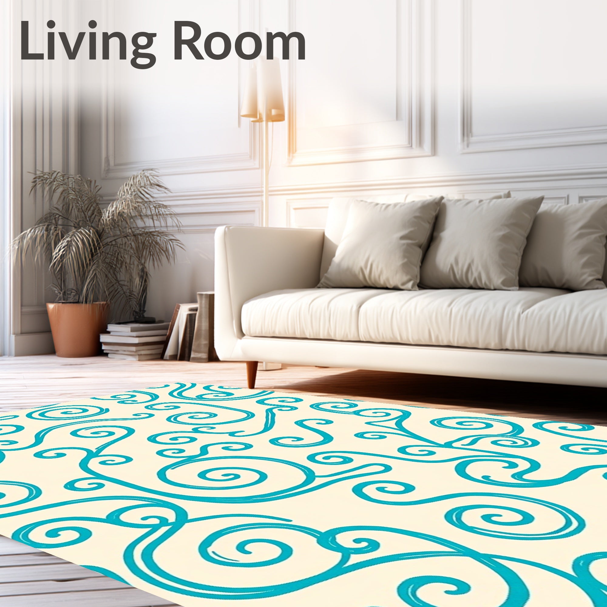 Teal Swirls Cream Background Rug