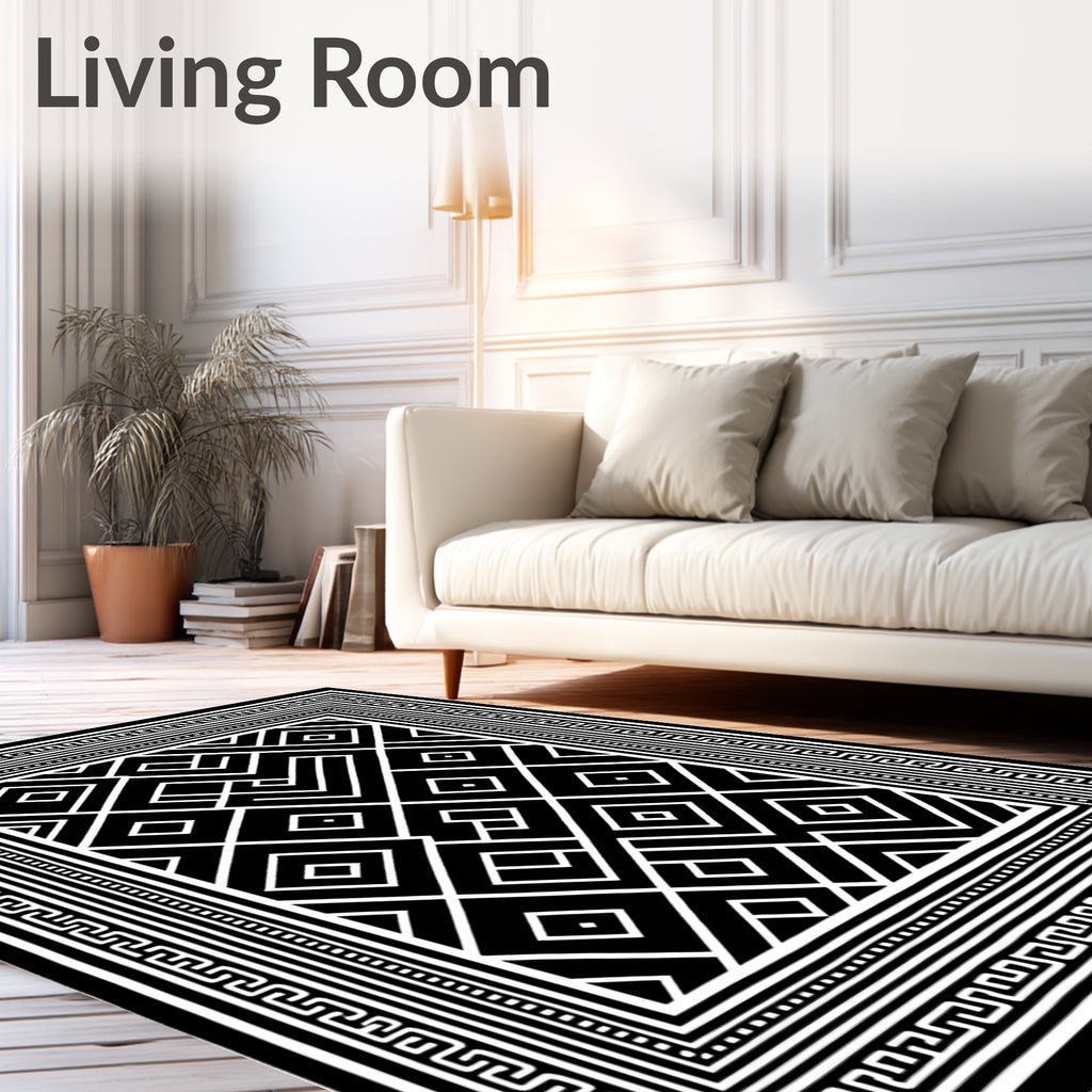 Modern Black White Geometric Maze Rug