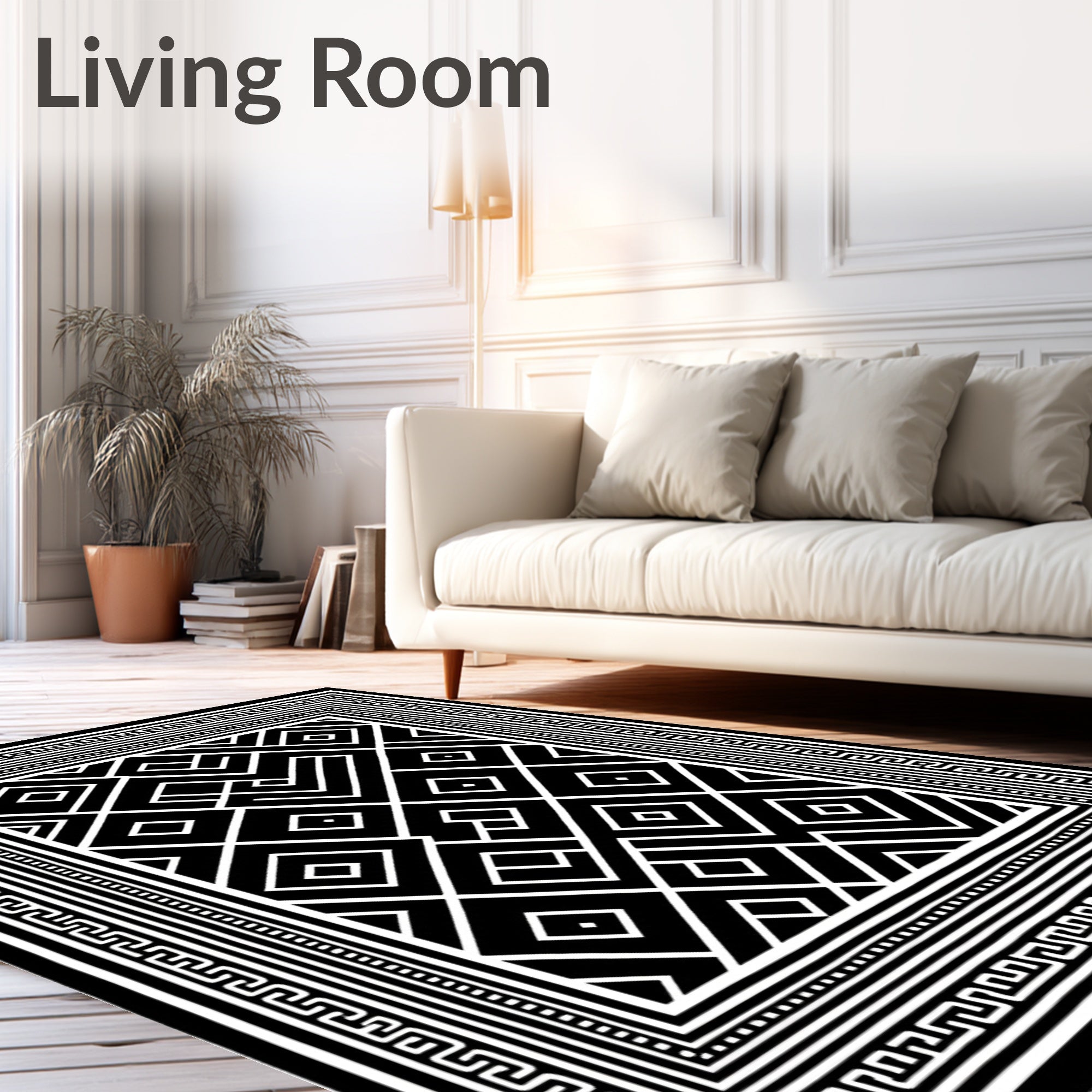 Modern Black White Geometric Maze Rug
