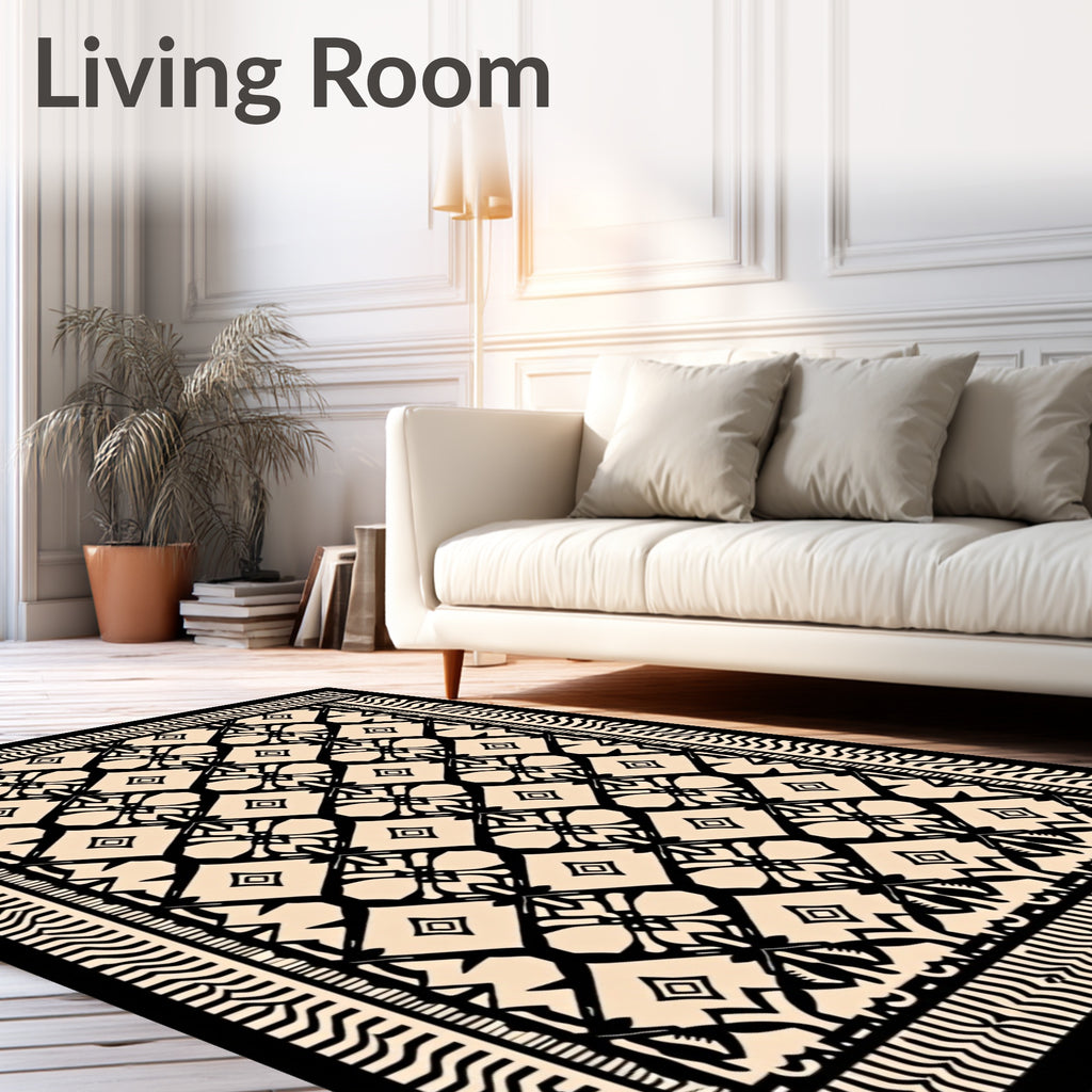 Cream Black Geometric Lattice Medallion Rug