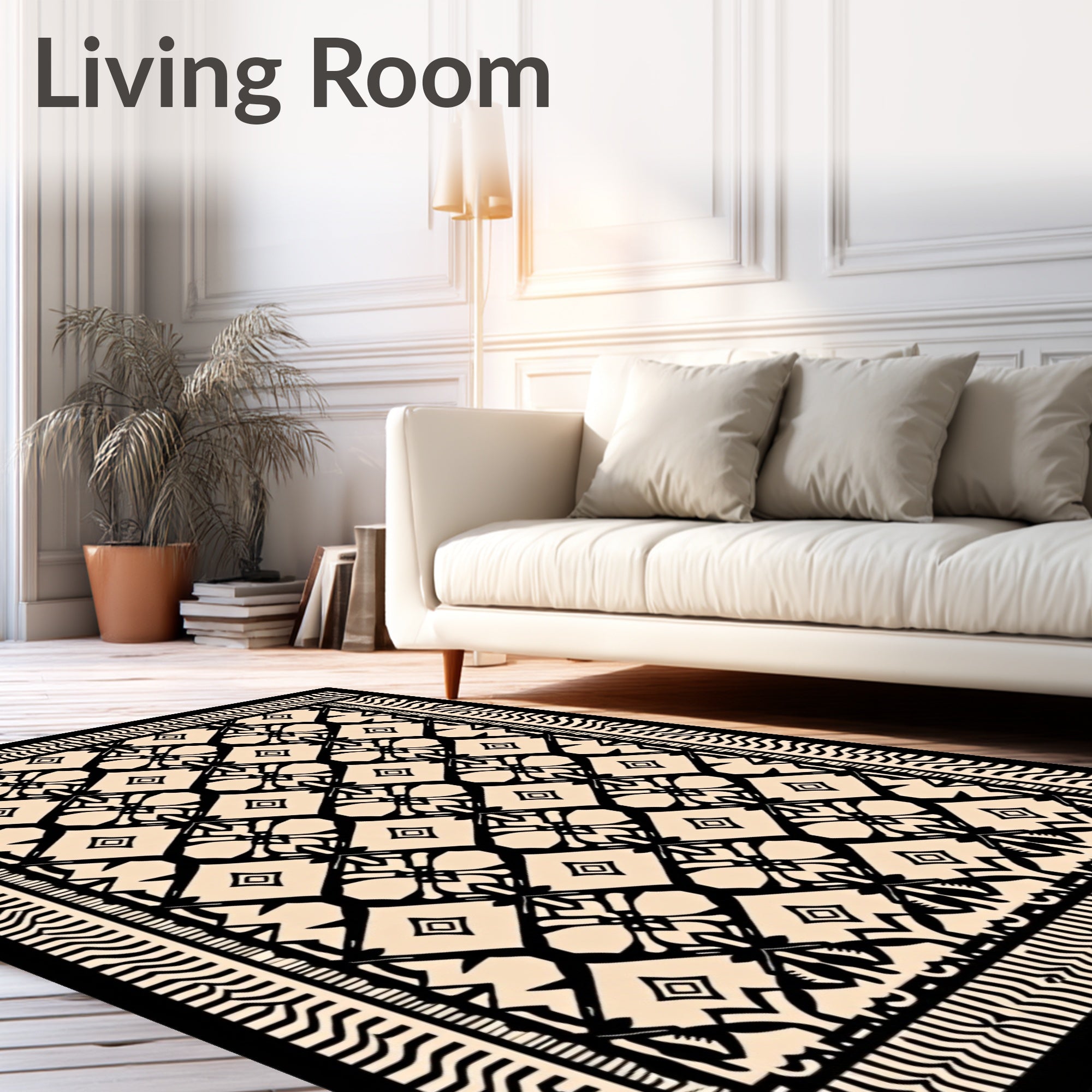 Cream Black Geometric Lattice Medallion Rug