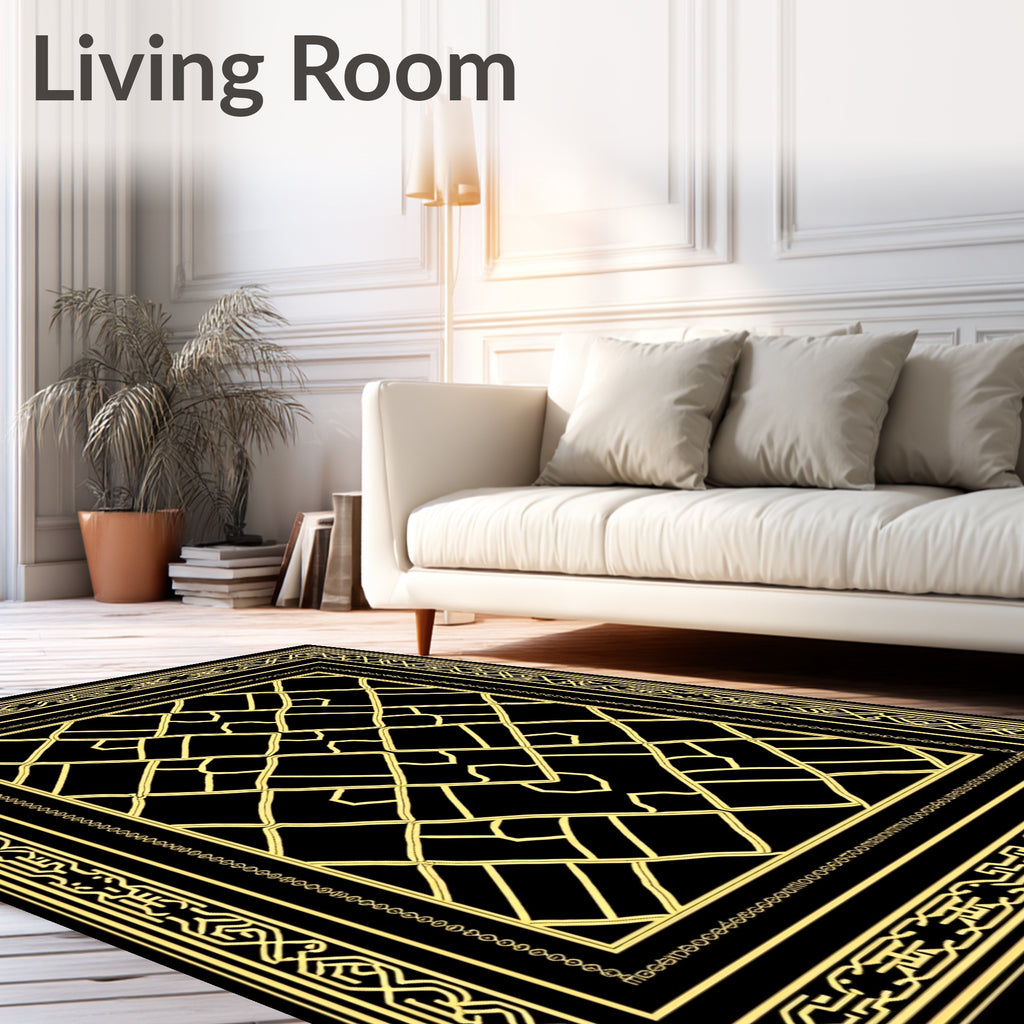 Black and Gold Geometric Interlocking Lattice Rug
