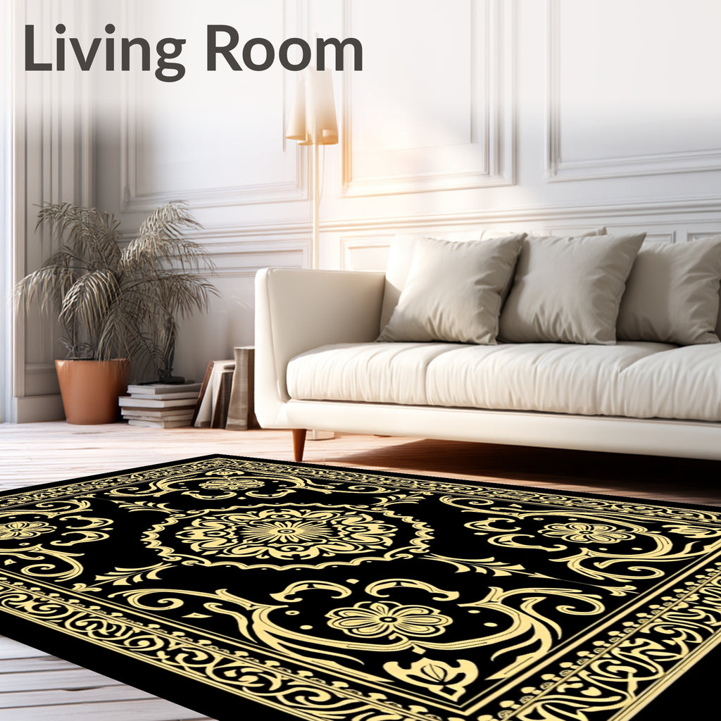 Black Gold Floral Medallion Border Rug