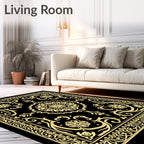 Black Gold Floral Medallion Border Rug