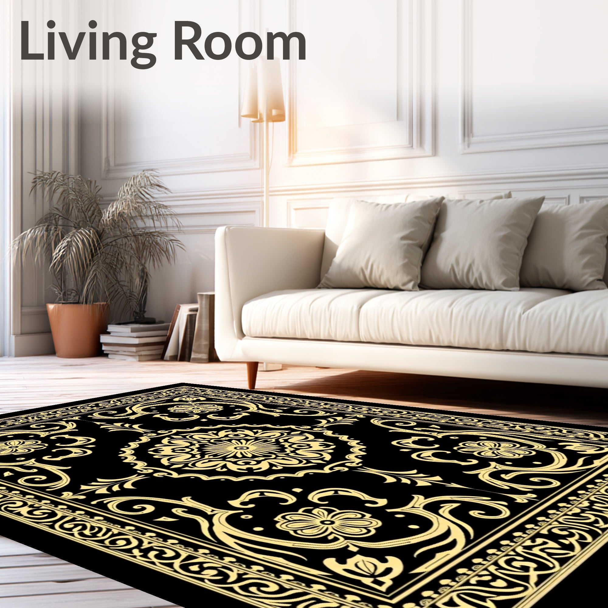 Black Gold Floral Medallion Border Rug