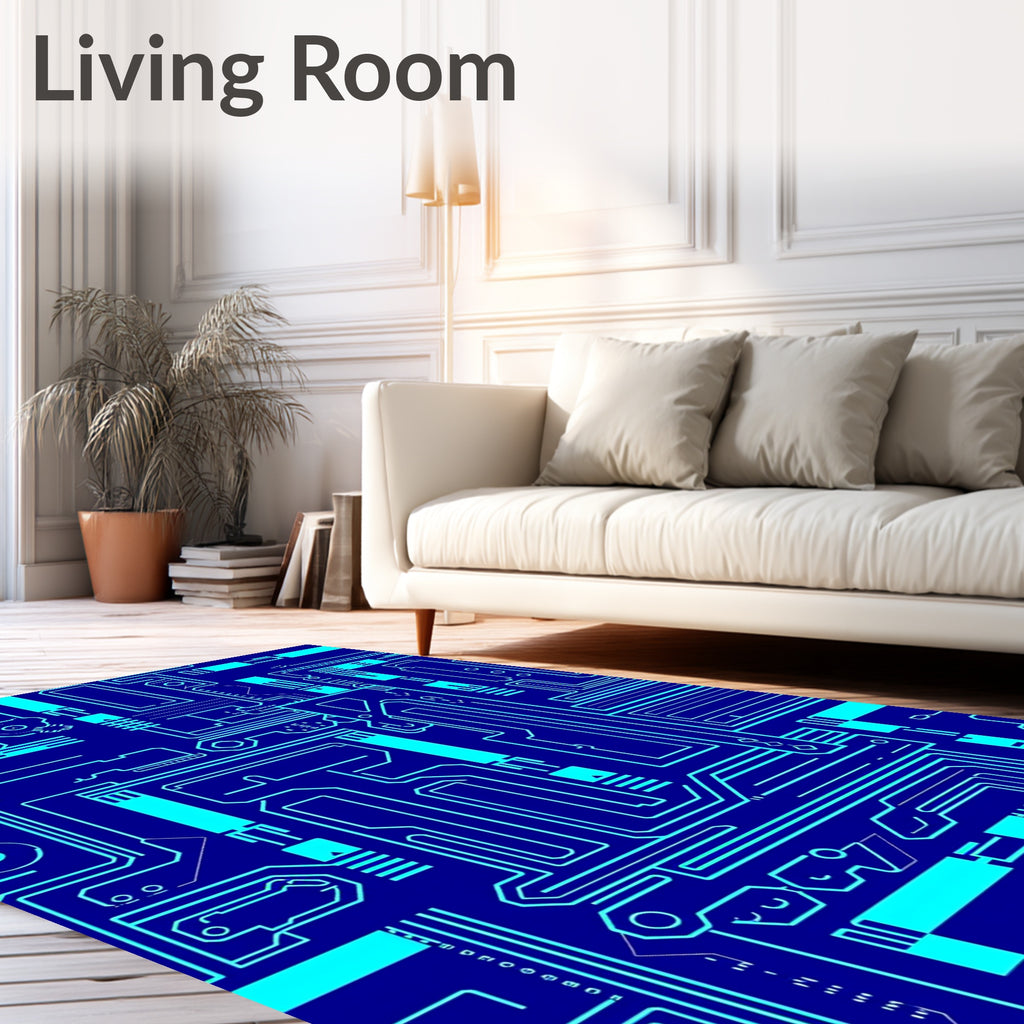 Electric Blue Circuit Board Lines Rug