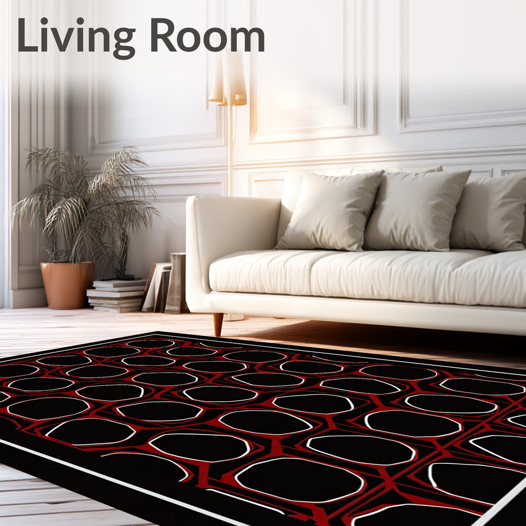 Modern Black Red Hexagonal Art Rug