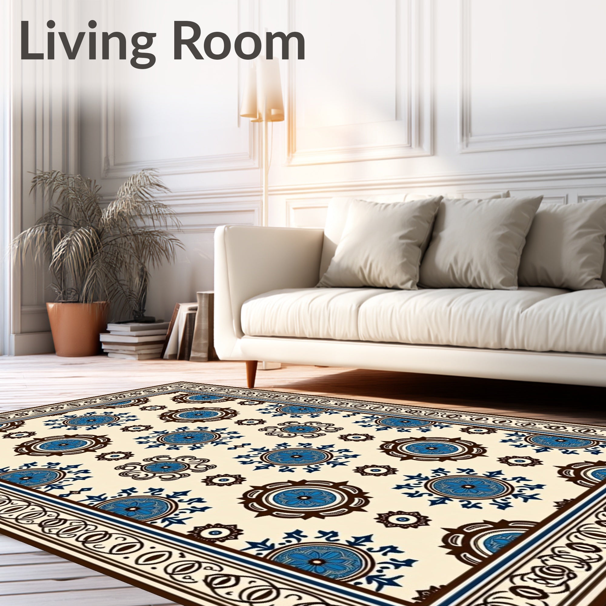 Cream Blue Brown Medallion Motif Rug