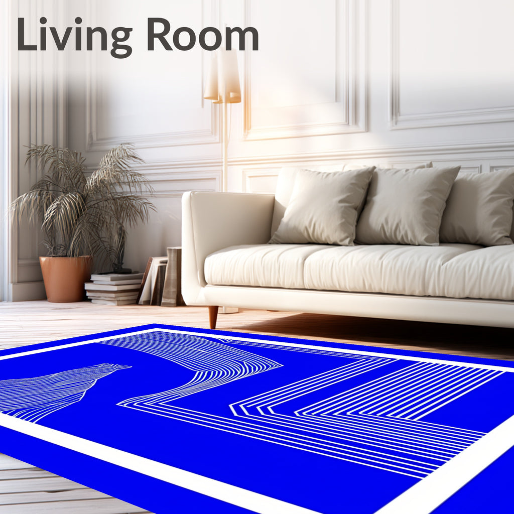 Deep Blue Abstract White Line Art Rug