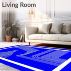 Deep Blue Abstract White Line Art Rug