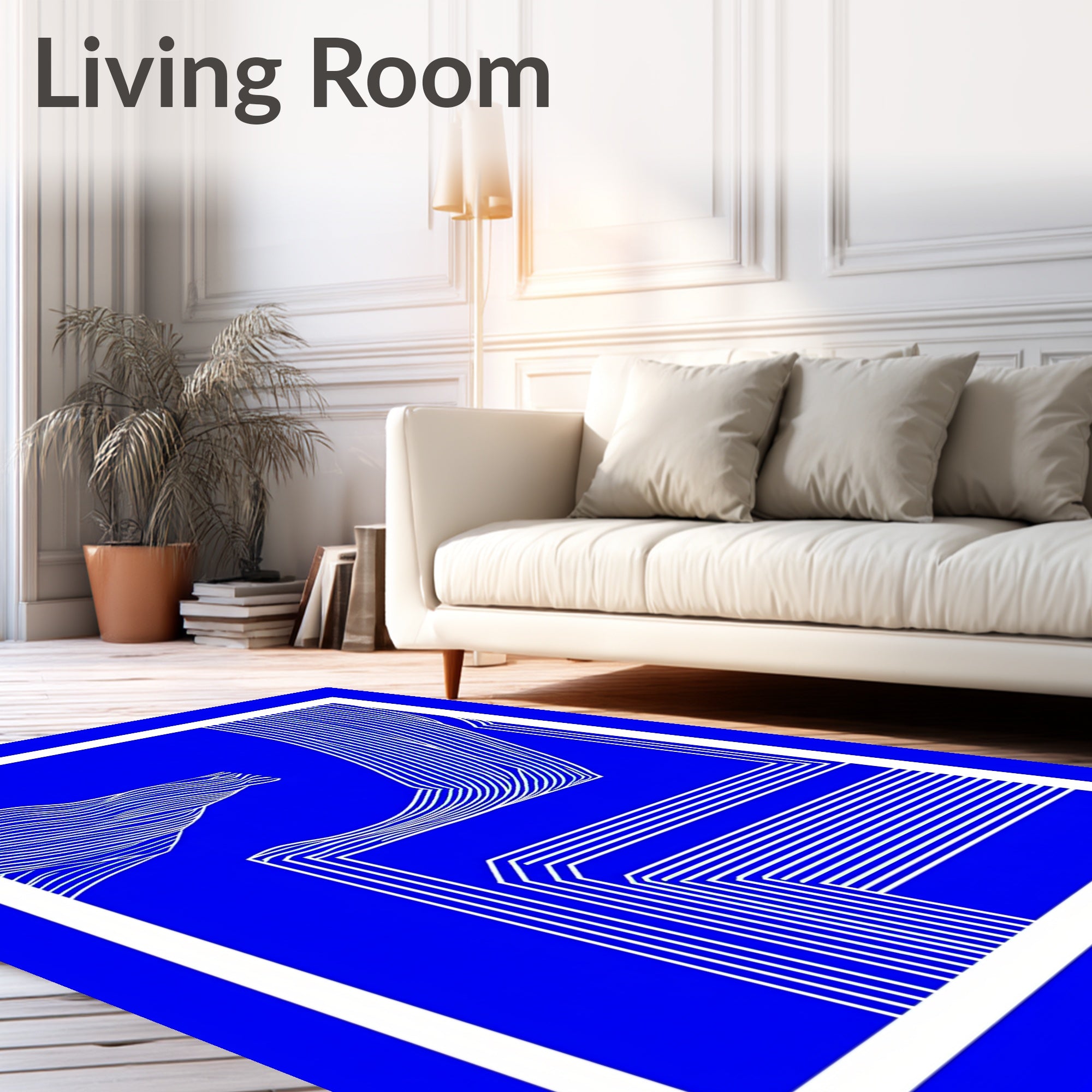 Deep Blue Abstract White Line Art Rug