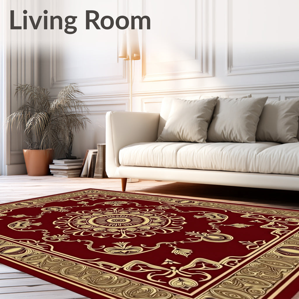 Regal Crimson Golden Floral Medallion Rug