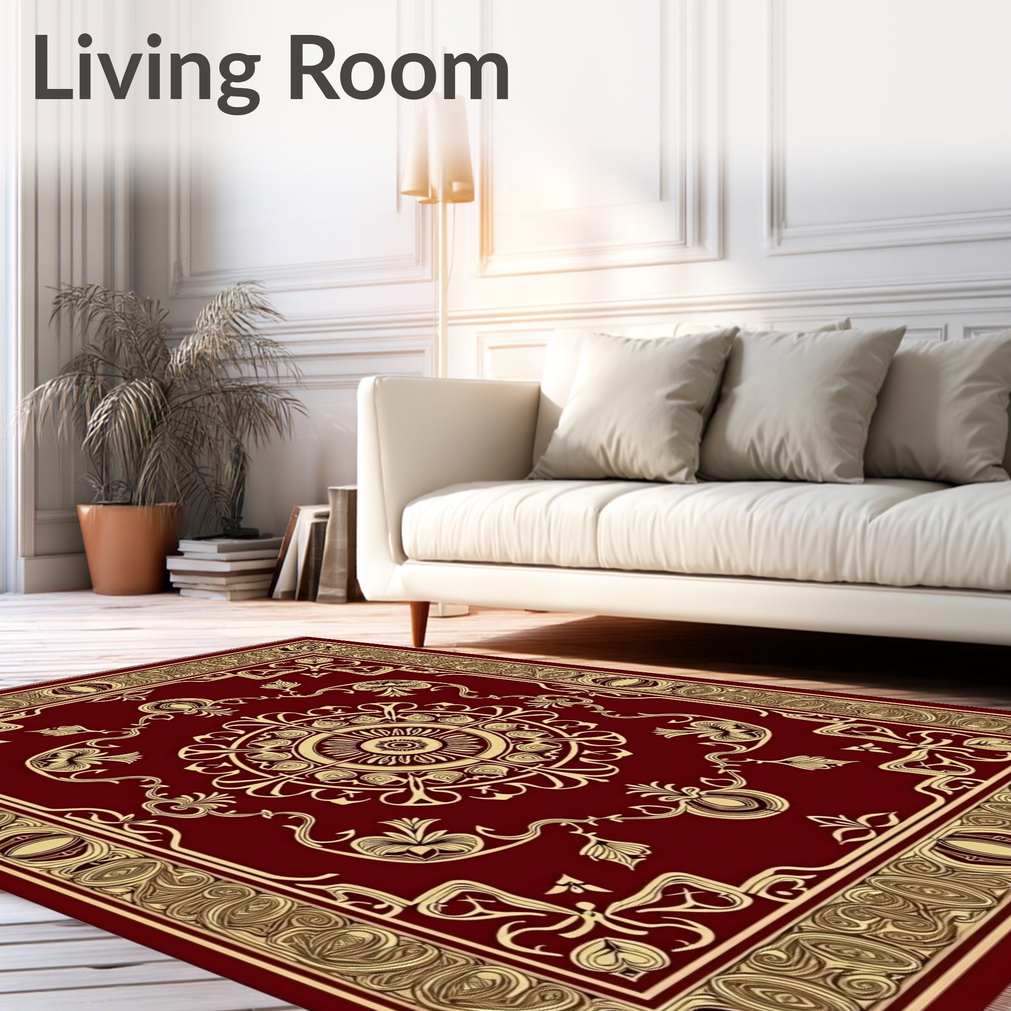 Regal Crimson Golden Floral Medallion Rug