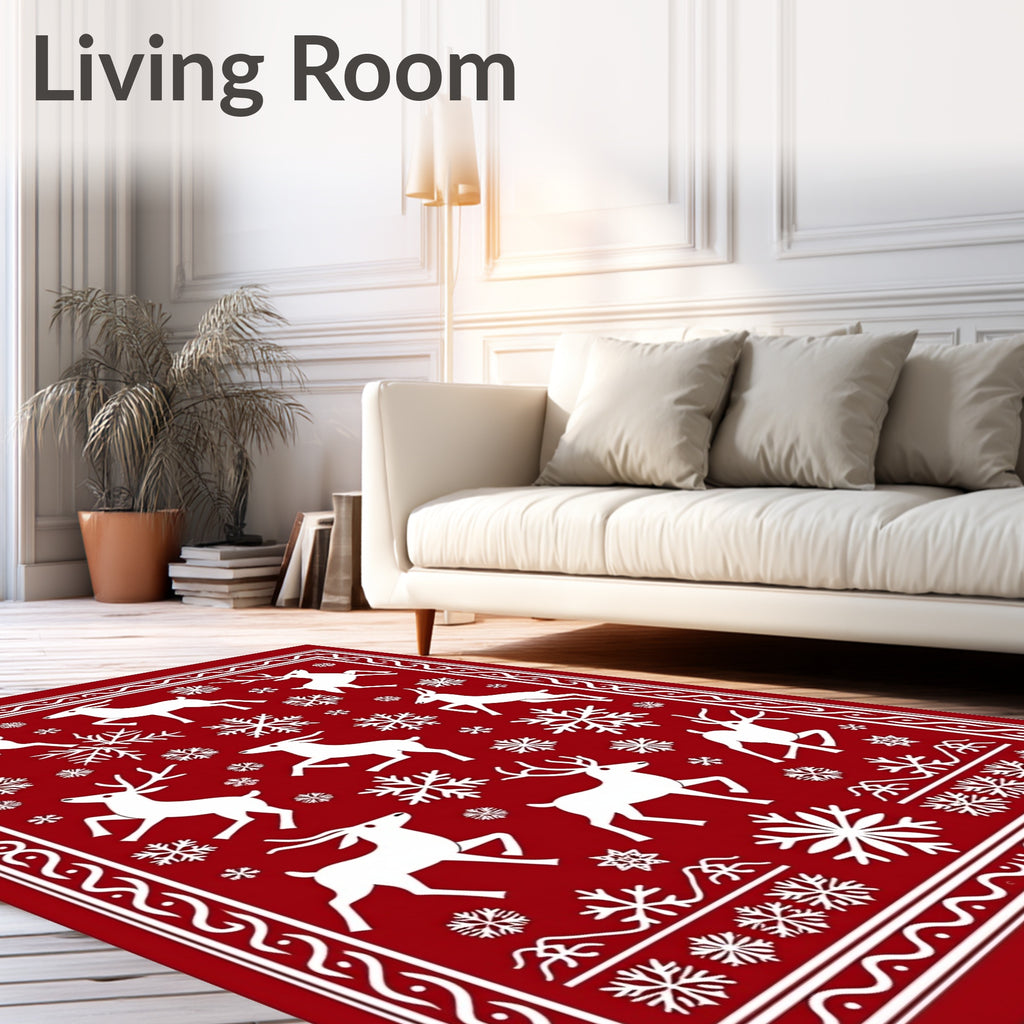 Festive Red Reindeer Snow Flake Medley Rug