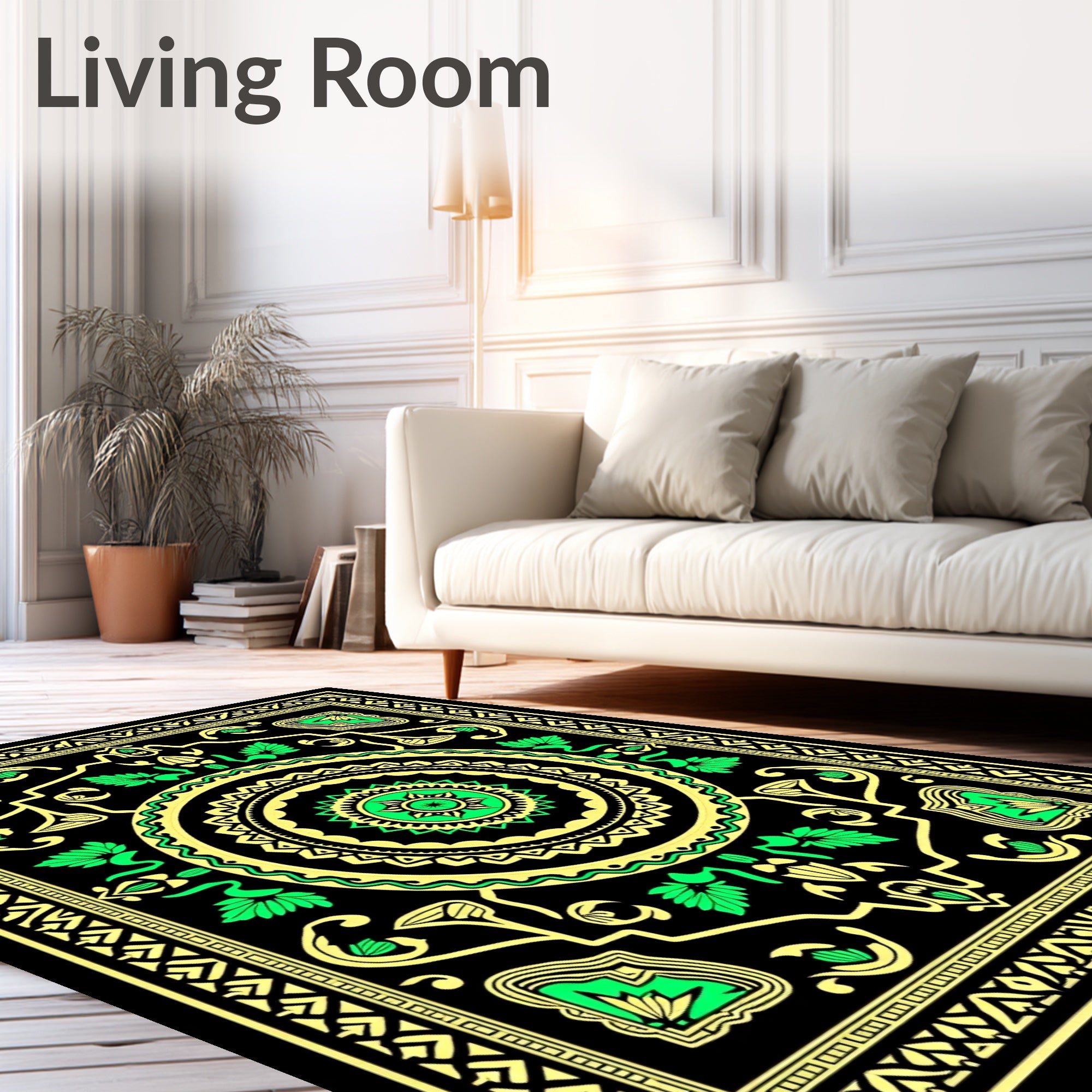Bold Black Green Medallion Swirl Rug