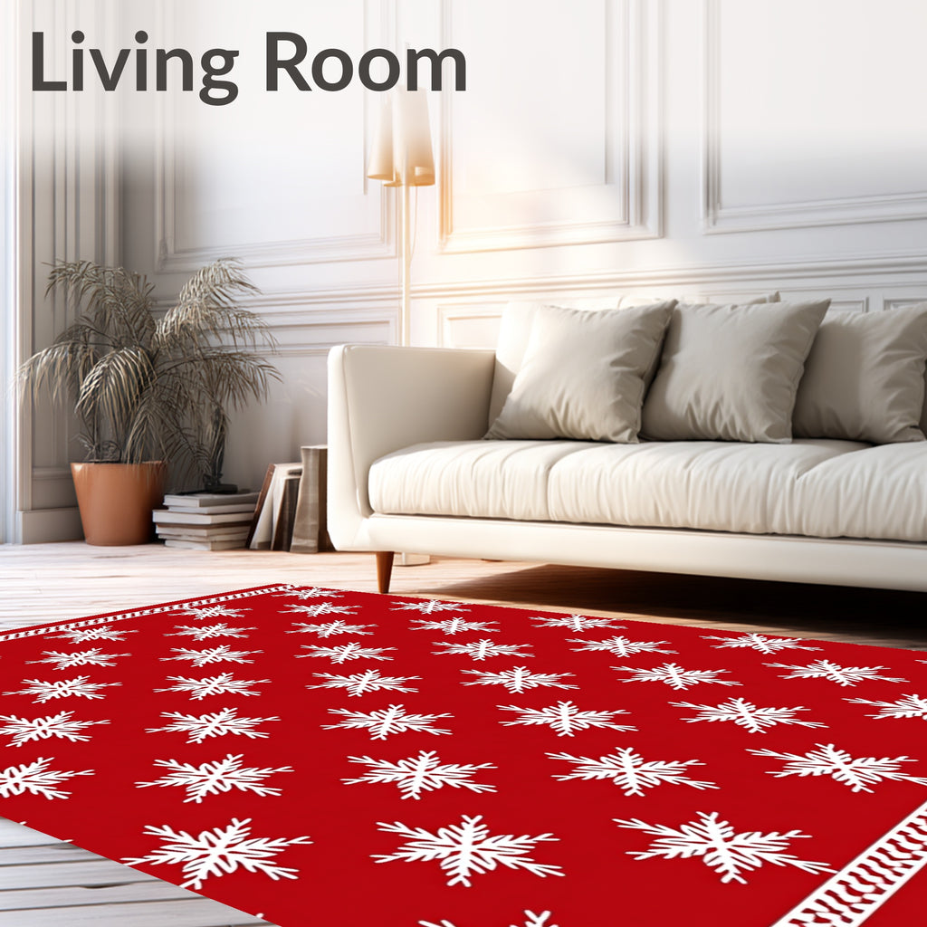 Red White Snowflake Festive Holiday Rug