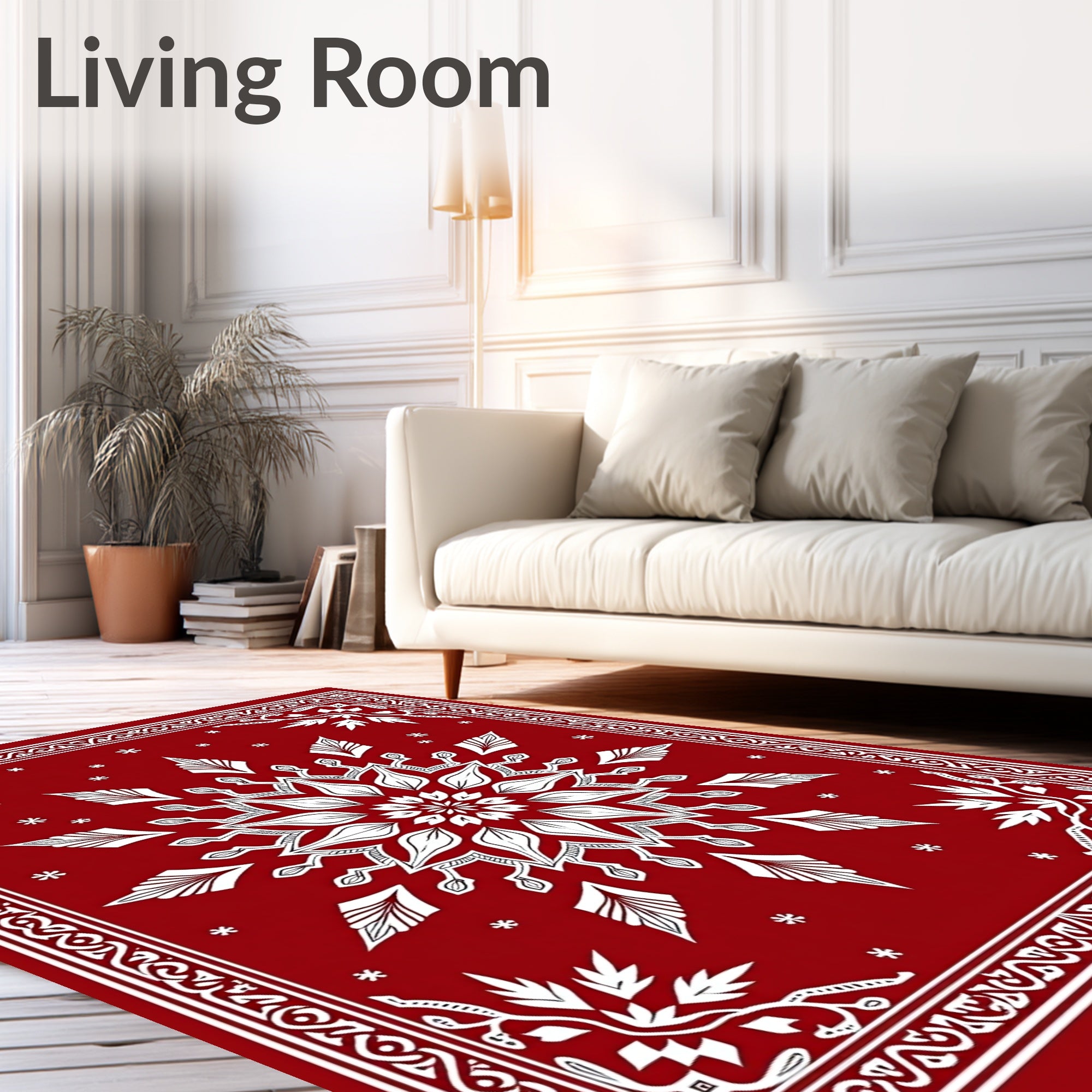 Crimson Snow Flake Mandala Border Rug