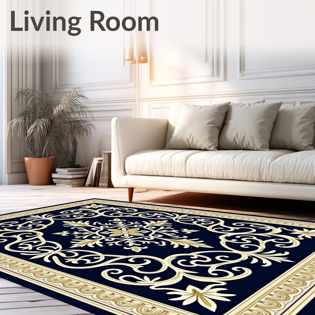 Navy Cream Ornate Scrollwork Medallion Rug