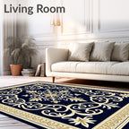 Navy Cream Ornate Scrollwork Medallion Rug