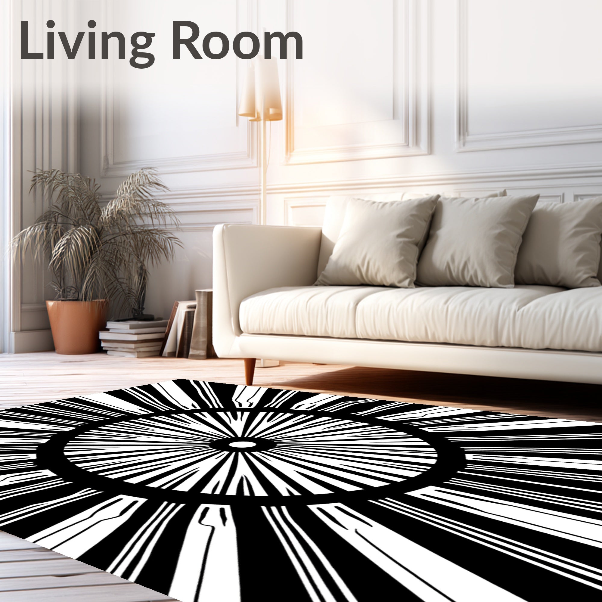 Radial Sunburst Black White Concentric Rug