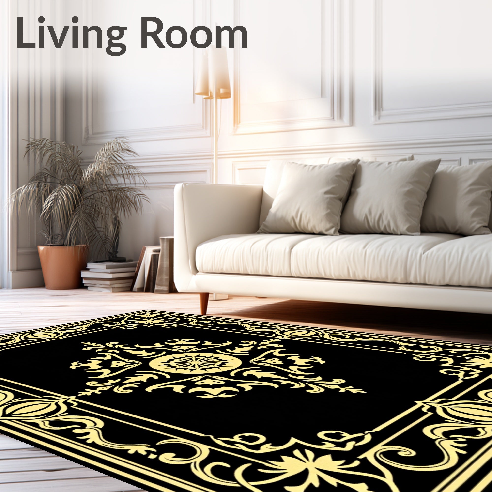 Black And Gold Classic Floral Ornament Rug