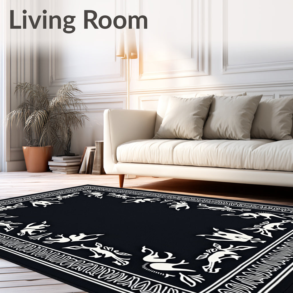 Bold Black White Folkloric Animal Border Rug