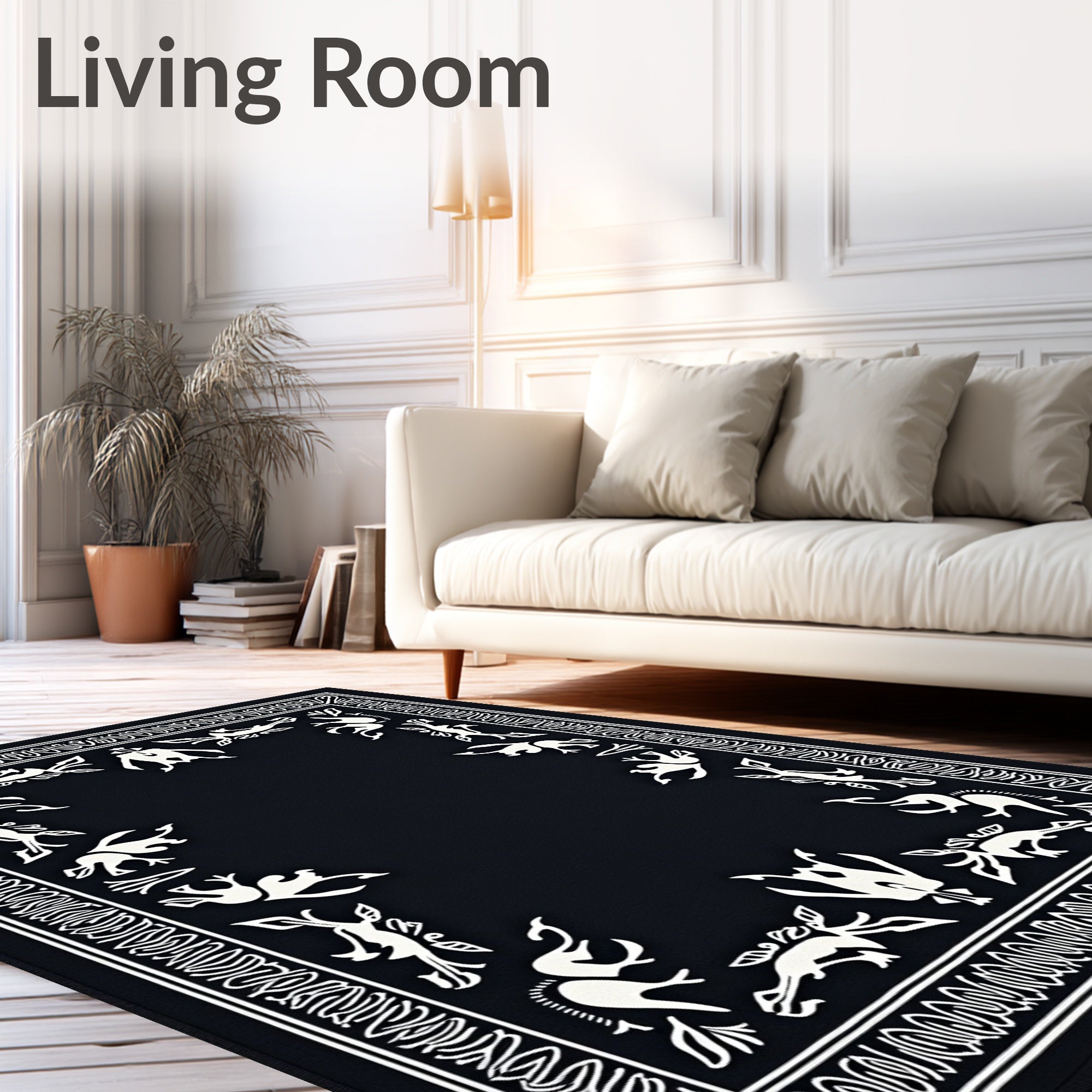 Bold Black White Folkloric Animal Border Rug
