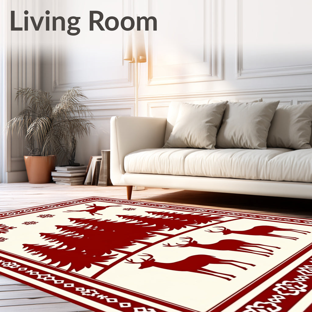 Crimson Winter Forest Deer Snowflakes Rug