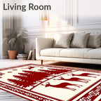 Crimson Winter Forest Deer Snowflakes Rug